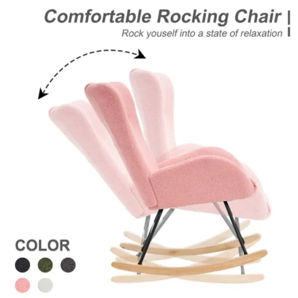 Chaise à bascule en tissu Teddy, rose, avec accoudoirs et dossier ergonomique