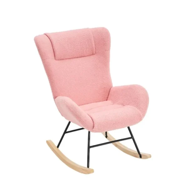 Chaise à bascule en tissu Teddy, rose, avec accoudoirs et dossier ergonomique