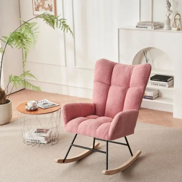 Chaise à bascule moderne avec dossier haut et accoudoirs, rose