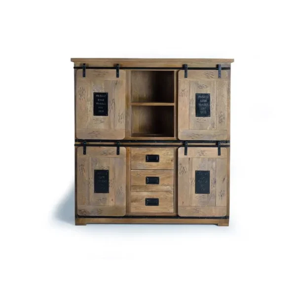 Armoire 4 Portes Coulissantes 3 Tiroirs - Bois De Manguier, Métal - Coloris Naturel - 160x150x45 Cm