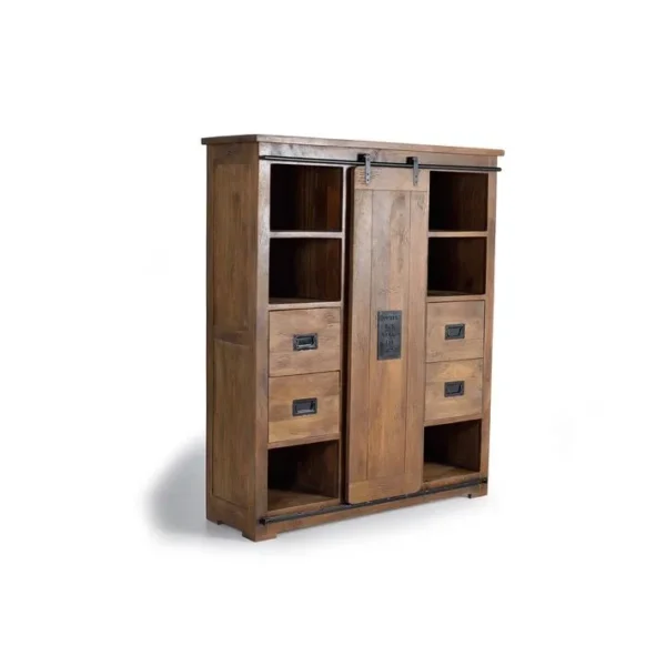 Armoire 1 Porte Coulissante, 4 Tiroirs - Bois De Manguier Et Métal - Coloris Naturel - 170x140x45