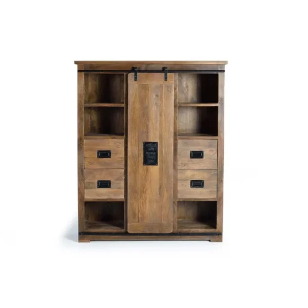 Armoire 1 Porte Coulissante, 4 Tiroirs - Bois De Manguier Et Métal - Coloris Naturel - 170x140x45