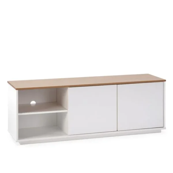 VS VENTA-STOCK Meuble TV Bob 2 Portes 2 Niches Blanc/chêne, Bois Massif