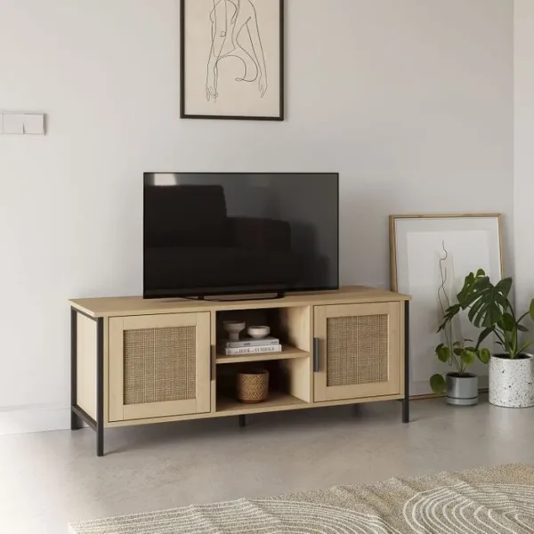 VS VENTA-STOCK Meuble TV Cruz 2 Portes Couleur Chêne Avec Rotin Naturel, 120 Cm