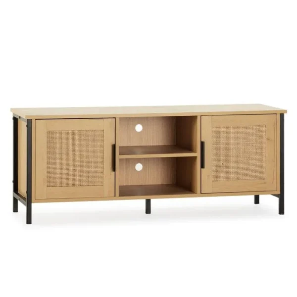 VS VENTA-STOCK Meuble TV Cruz 2 Portes Couleur Chêne Avec Rotin Naturel, 120 Cm