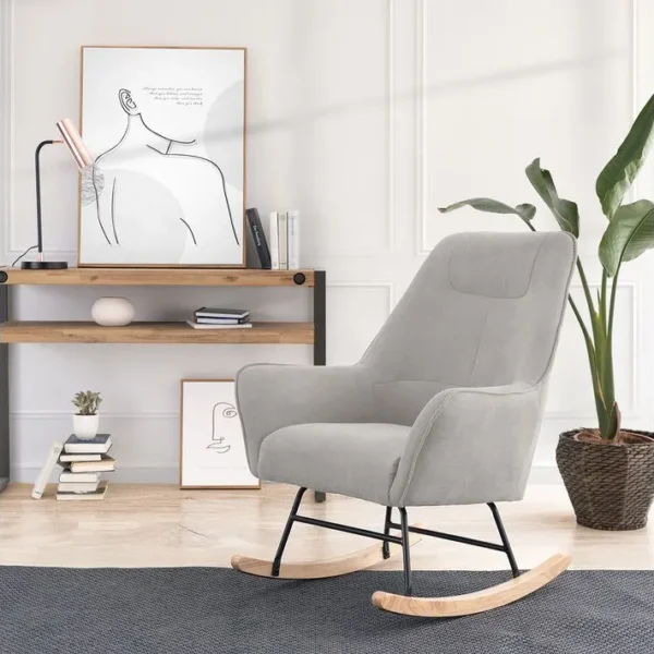 Amara - Fauteuil À Bascule Gris Clair Avec Structure Noire Et Pieds En Chêne