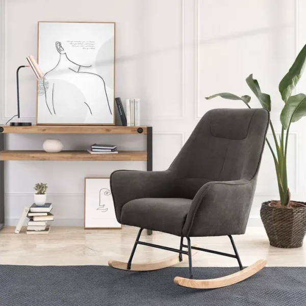 Amara - Fauteuil À Bascule Gris Foncé Avec Cadre Noir Et Support En Chêne