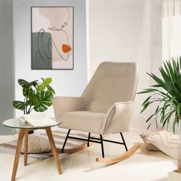 Amara - Fauteuil À Bascule Beige Avec Structure Noire Et Pieds En Chêne