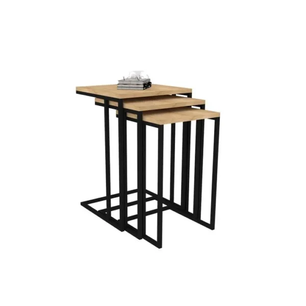 Ensemble De 3 Tables Basses Gigognes Ineke Métal Noir Et Bois Clair