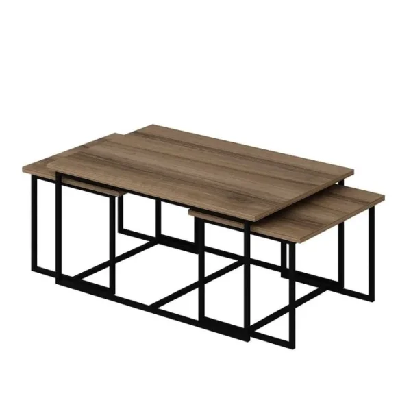 Ensemble De 3 Tables Basses Style Industriel Langkawi Métal Noir Et Bois Foncé