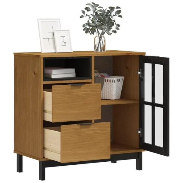 Buffet - Bahut - Meuble De Rangement Avec Porte Vitrée 80x40x80 Cm Bois Massif De Pin