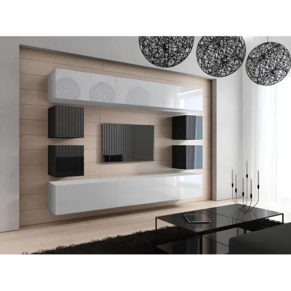 AZURA HOME DESIGN Ensemble Meuble TV Concept 17 C17-18wb-hg3-1a Blanc-noir Brillant 249 Cm