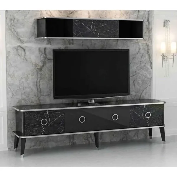 AZURA HOME DESIGN Ensemble Meuble TV Marbre 180 Cm Noir Brillant