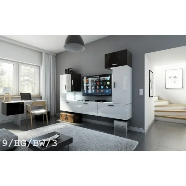 AZURA HOME DESIGN Ensemble Meuble TV Concept 9-9-hg-bw-3 Blanc-noir Brillant 249 Cm