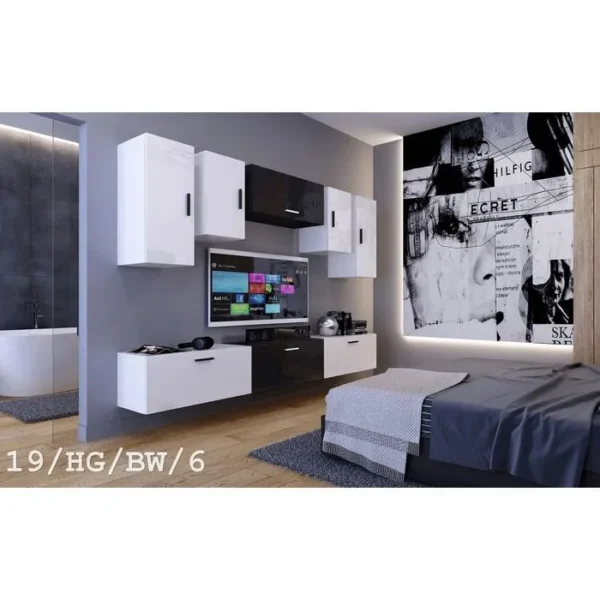 AZURA HOME DESIGN Ensemble Meuble TV Concept 19-hg-bw-6-1b Blanc-noir Brillant 276 Cm