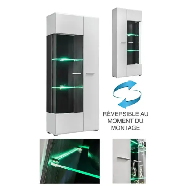 Vitrine Reversible Warner Blanc Laque Et Bois Noir Avec LED 80 X 190 Cm