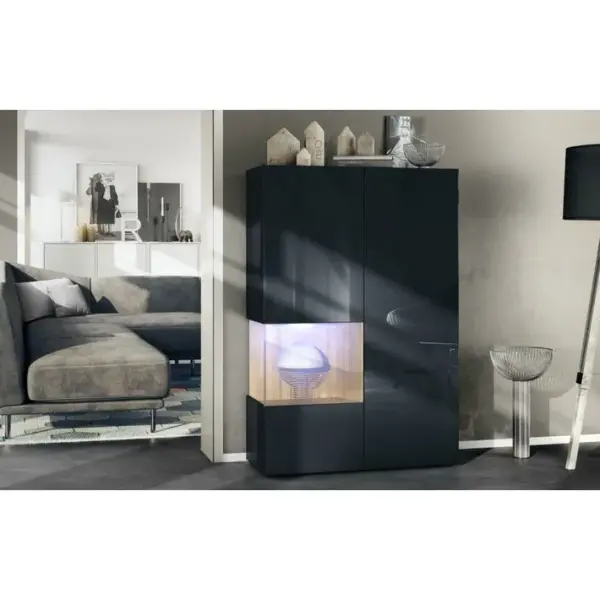 Vitrine Noir Mat Et Brillant Insertion Chêne (lxhxp) : 91,5 X 136,5 X 37 Cm + LED Blanc