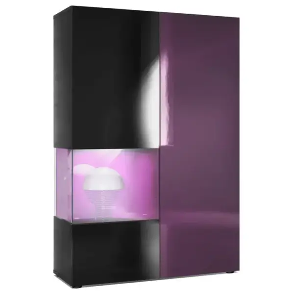 Vitrine Noir Mat, Brillant Et Mûre Laqué (lxhxp) : 91,5 X 136,5 X 37 Cm + LED