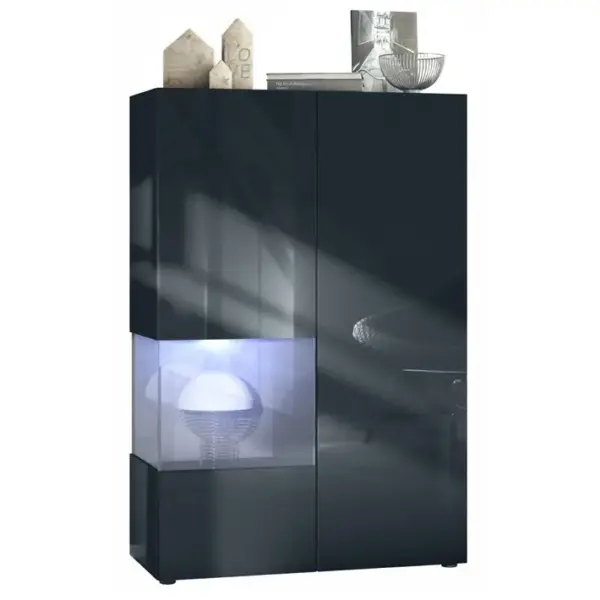 Vitrine Noir Mat Et Brillant Insertion Grise Laquée (lxhxp) : 91,5 X 136,5 X 37 Cm + LED Blanc