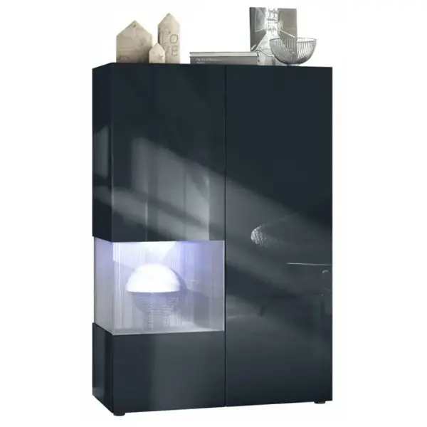 Vitrine Noir Mat Et Brillant Insertion Anthracite (lxhxp) : 91,5 X 136,5 X 37 Cm + LED Noir