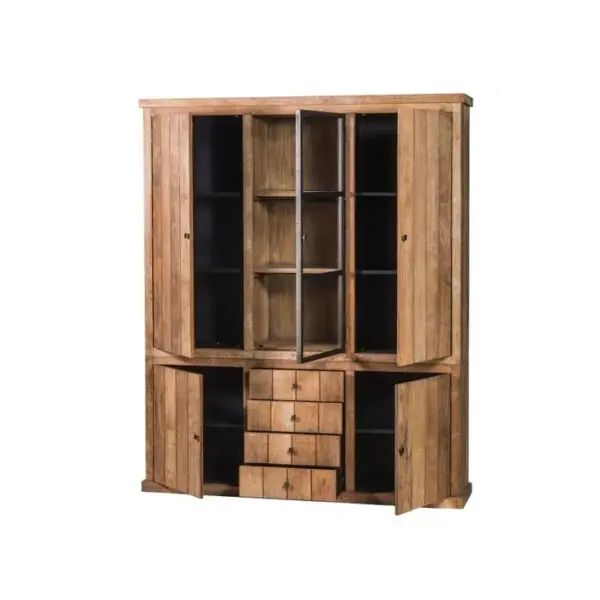 Buffet Vaisselier En Bois Recyclé 3 Portes 4 Tiroirs Éclairage LED - Linas