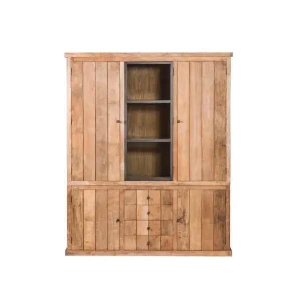 Buffet Vaisselier En Bois Recyclé 3 Portes 4 Tiroirs Éclairage LED - Linas