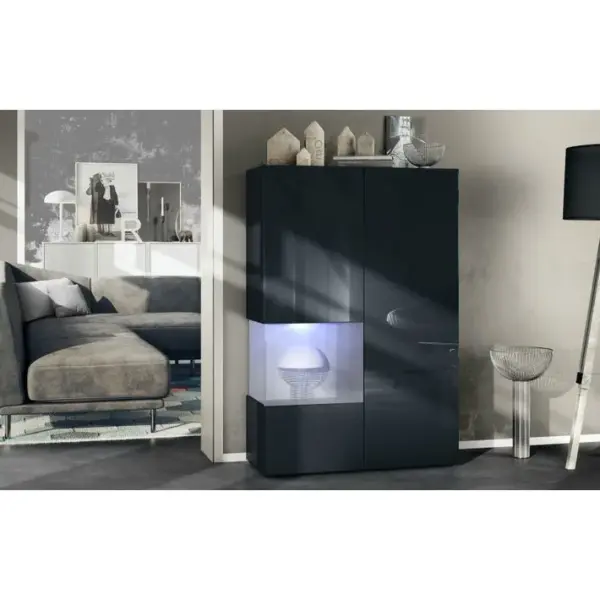 Vitrine Noir Mat Et Brillant Insertion Béton (lxhxp) : 91,5 X 136,5 X 37 Cm + LED Blanc