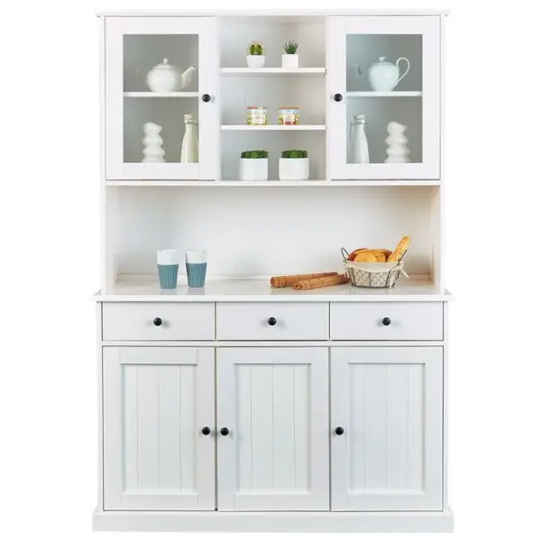 Buffet Vaisselier 5 Portes 3 Tiroirs Bois Massif Vernis Blanc - Bidart