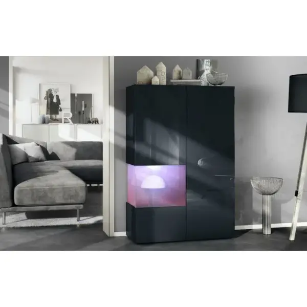 Vitrine Noir Mat Et Brillant Insertion Bordeaux Laquée (lxhxp) : 91,5 X 136,5 X 37 Cm + LED Blanc