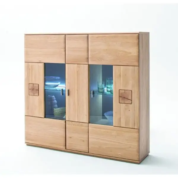 Vaisselier / Buffet En Bois Chêne Massif Bianco + LED - L.150 X H.141 X P.38 Cm