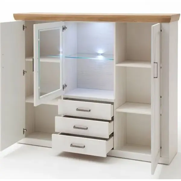 Buffet / Vaisselier En Pin Blanc Et Chêne Avec LED - L.163 X H.142 X P.40 Cm