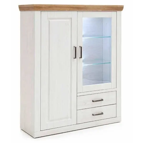 Buffet / Vaisselier En Pin Blanc Et Chêne Avec LED - L.118 X H.142 X P.40 Cm