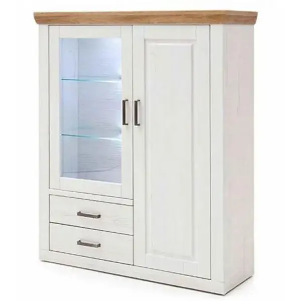 Buffet / Vaisselier En Pin Blanc Et Chêne Avec LED - L.118 X H.142 X P.40 Cm