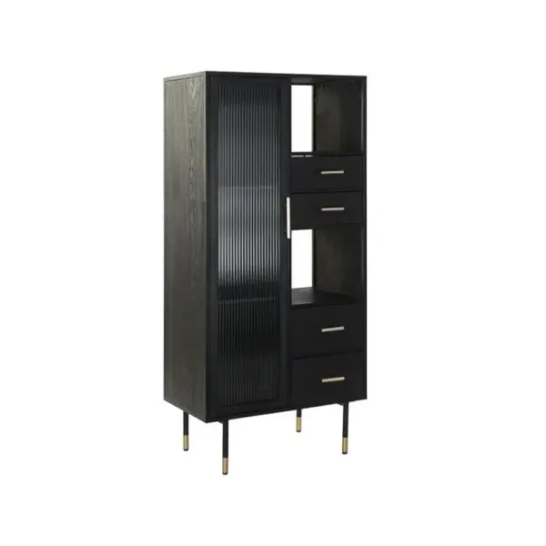 PEGANE Armoire Vitrine En Bois Mdf Noir 4 Tiroirs 1 Porte Et 2 Étagères - L. 70 X H. 145 X P. 38 Cm