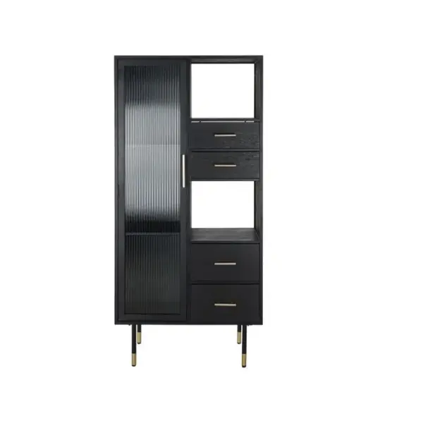 PEGANE Armoire Vitrine En Bois Mdf Noir 4 Tiroirs 1 Porte Et 2 Étagères - L. 70 X H. 145 X P. 38 Cm