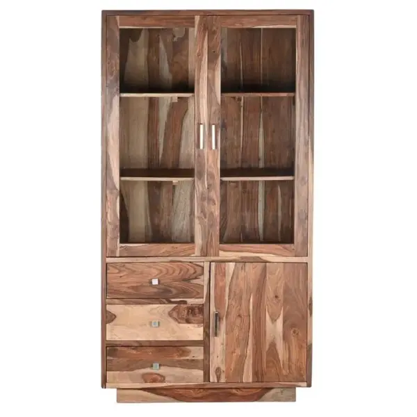 Vitrine, Armoire Vaisselier En Bois/verre Coloris Marron/naturel - L. 100 X P. 42 X H. 190 Cm