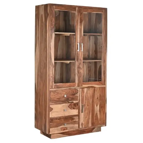 Vitrine, Armoire Vaisselier En Bois/verre Coloris Marron/naturel - L. 100 X P. 42 X H. 190 Cm