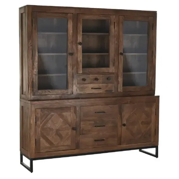 Vitrine, Armoire Vaisselier En Bois Coloris Marron Foncé Avec Pied En Métal Noir