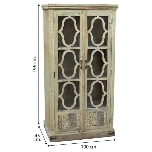 Vitrine, Meuble De Rangement En Bois Coloris Blanc Vieilli Avec 2 Portes