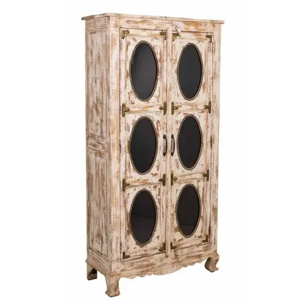 Vitrine, Meuble De Rangement En Bois Coloris Blanc Vieilli - L. 91 X P. 40 X H.183 Cm