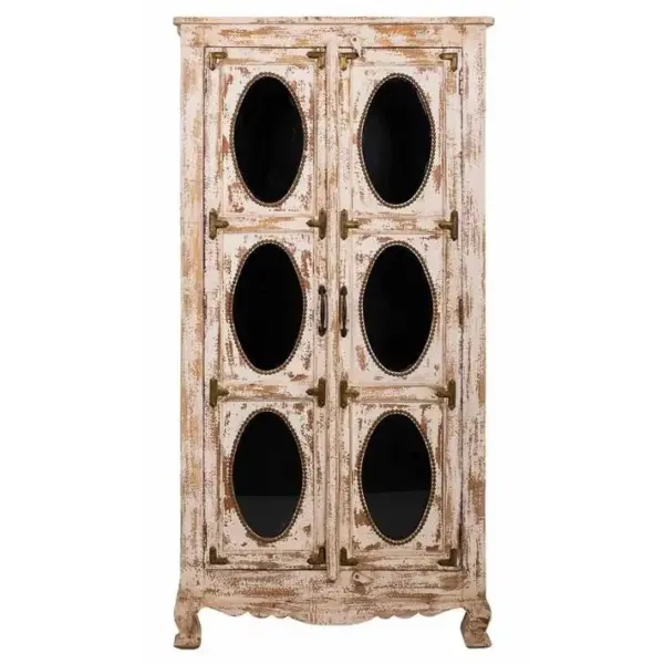 Vitrine, Meuble De Rangement En Bois Coloris Blanc Vieilli - L. 91 X P. 40 X H.183 Cm