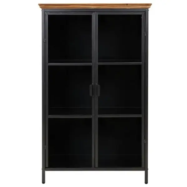 Vitrine, Meuble De Rangement Avec 2 Portes En Bois Naturel Et Métal Noir