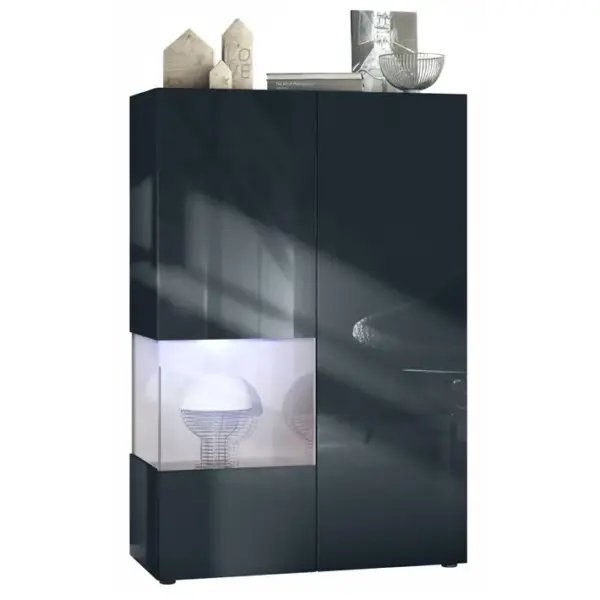 Vitrine Noir Mat Et Brillant Insertion Sable Laquée (lxhxp) : 91,5 X 136,5 X 37 Cm + LED Blanc