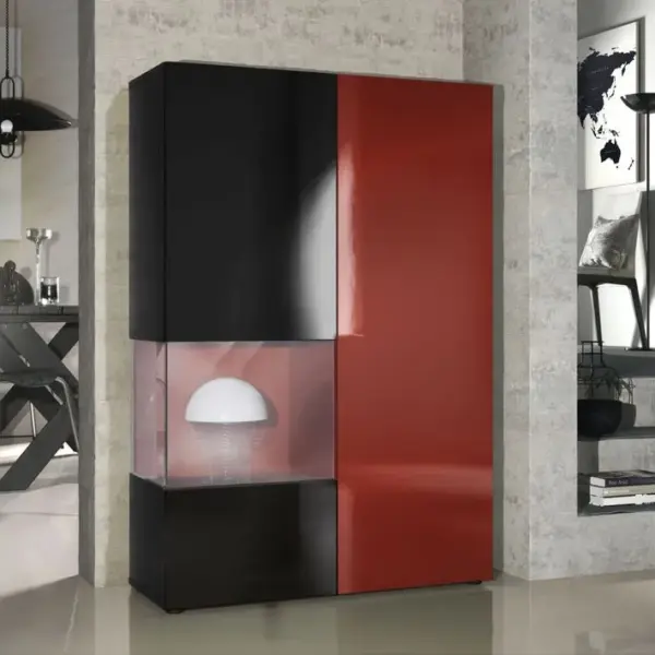 Vitrine Noir Mat, Brillant Et Bordeaux Laqué (lxhxp) : 91,5 X 136,5 X 37 Cm