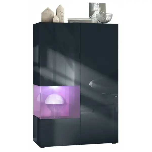 Vitrine Noir Mat Et Brillant Insertion Mûre Laquée (lxhxp) : 91,5 X 136,5 X 37 Cm + LED Blanc