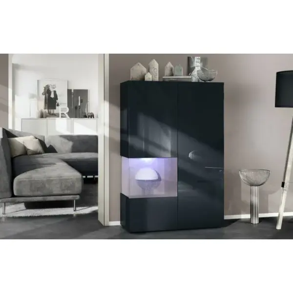 Vitrine Noir Mat Et Brillant Insertion Chêne Nordic (lxhxp) : 91,5 X 136,5 X 37 Cm + LED Blanc