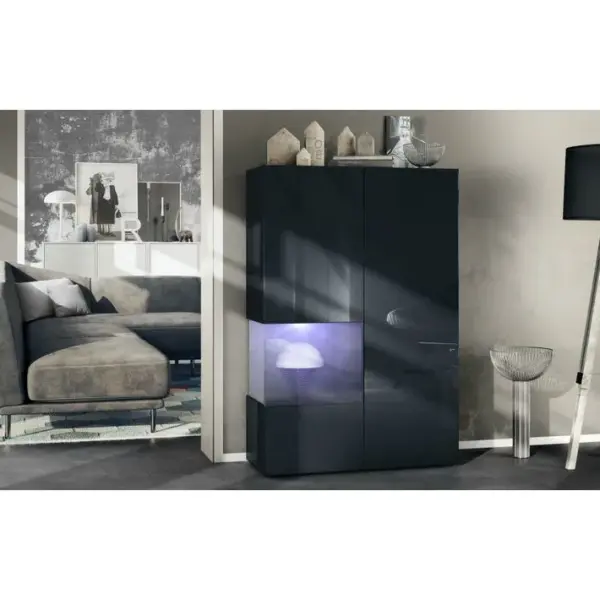 Vitrine Noir Mat Et Brillant Insertion Noir Laquée (lxhxp) : 91,5 X 136,5 X 37 Cm + LED Blanc