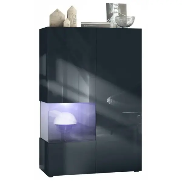 Vitrine Noir Mat Et Brillant Insertion Noir Laquée (lxhxp) : 91,5 X 136,5 X 37 Cm + LED Blanc