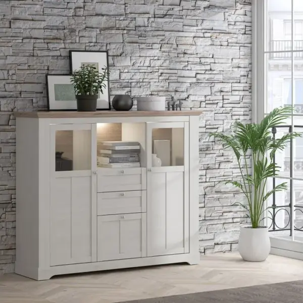 Buffet Vitrine 3 Portes 2 Tiroirs + LED Décor Chêne Blanchi - Angele