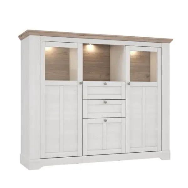 Buffet Vitrine 3 Portes 2 Tiroirs + LED Décor Chêne Blanchi - Angele